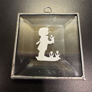 Vintage Miniature Scherenschnitte Picture Silhouette Handmade Child w Flowers 2"